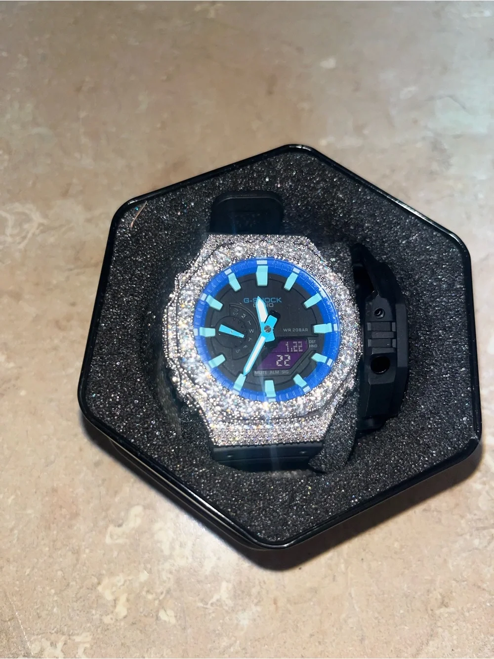 G-Shock Black Band Blue Dial Watch with Crystal Bezel